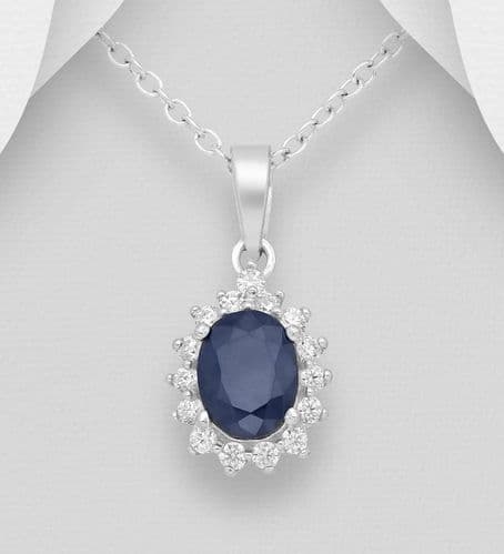 925 Sterling Silver Pendant & Chain, with Blue Sapphire Centre Stone and CZ Simulated Diamonds